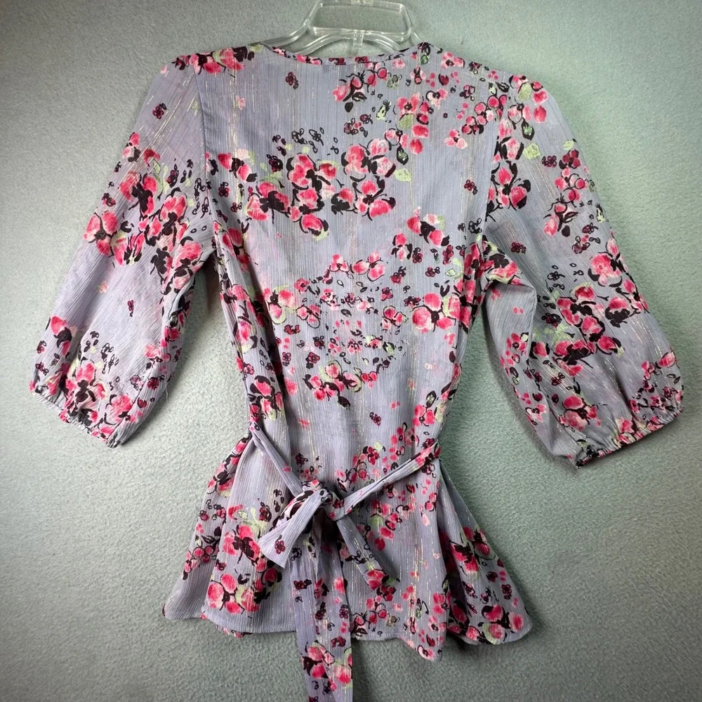 Express Boho Floral Metallic Wrap Blouse Smocked‎ Waist Lavender Romantic XS